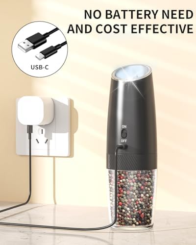 CIRCLE JOY Rechargeable Salt and Pepper Grinder Set Gravity Electric Salt and Pepper Grinder Set, LED Light, Adjustable Coarseness, for Home Kitchen BBQ, Black & White - Image 3