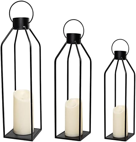 HPC Decor 22'' 19'' 16'' Lanterns Decorative w/Flickering Timer Candles- Tall Large Black Metal Candle Lanterns Set of 3- Modern Farmhouse Decor for Indoor,Outdoor,Tabletop,Porch (No Glass) by HPCDECOR