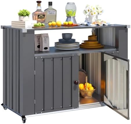Outdoor Bar Table with Storage Cabinet Weatherproof w/Lockable Wheels by JFHID