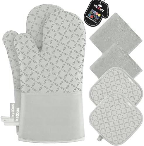 KEGOUU Oven Mitts and Pot Holders 6pcs Set, Kitchen Oven Glove High Heat Resistant 500 Degree Extra Long Oven Mitts and Potholder with Non-Slip Silicone Surface for Cooking （Greenish Gary） by KEGOUUOvenMitt