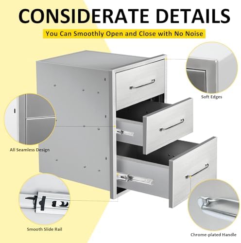 Outdoor Kitchen Drawers 15.7" W x 21.6" H x 17.7" D Flush Mount Triple BBQ Drawers with Chrome Handle Stainless Steel Drawer for Outdoor Kitchen Island, Patio Grill Station - Image 4