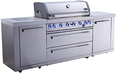 Mont Alpi Premium 94"W x 23"D x 46"H Stainless Steel Modular Outdoor Kitchen Island with Infrared Side Burner + 44"W 6-Burner BBQ Gas Grill + White Granite Countertops + Storage Cabinets & Drawers by MontAlpi