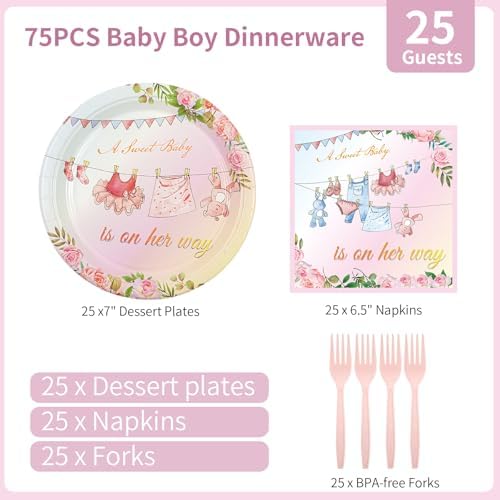 75PCS Floral Baby Girl Shower Plates and Napkins Decorations Party Favors, 7Inch A Sweet Baby Is on Her Way Paper Dessert Plates Disposable Tableware Party Supplies - Image 3