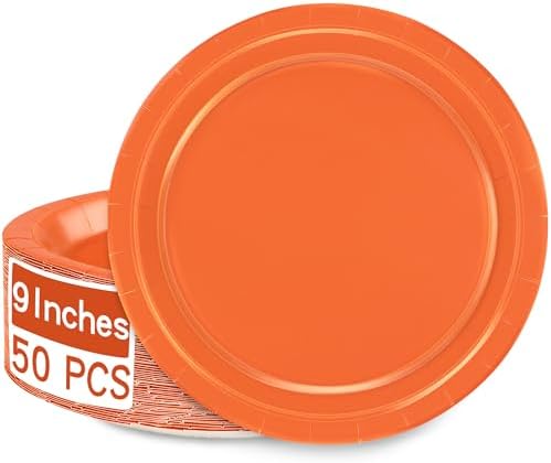 50 Pieces of Orange Paper Plates 9 Inches Round Sturdy Orange Dinner Plates by QZYL