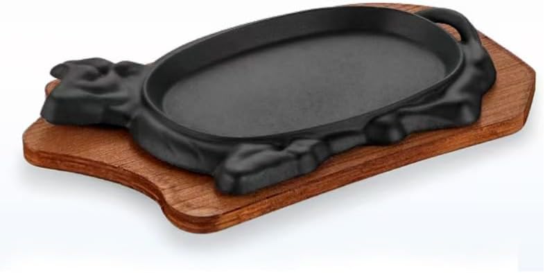 Cast Iron Steak Plate Sizzle Griddle Skillet with Wooden Base (7.8" x 5.1" Inch) by Davnjcka