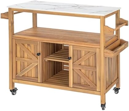 Merax Outdoor Acacia Wood Bar Cart, Natural Finish with Marble-Effect Top - Image 5