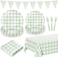 102 PCS Sage Green Gingham Party Supplies - Scalloped Plates, Napkins, Forks, Banner, Gingham Tablecloth for Baby Shower, Wedding, Birthday, Serves 25 by LINHAXM