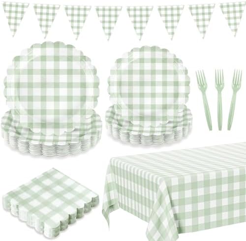 102 PCS Sage Green Gingham Party Supplies - Scalloped Plates, Napkins, Forks, Banner, Gingham Tablecloth for Baby Shower, Wedding, Birthday, Serves 25 by LINHAXM