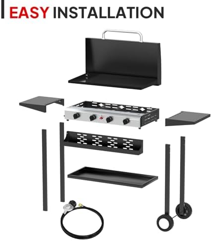 Bonnlo 40000BTU Propane Griddle with Lid and Ignition, Standing Flat Top Gas Grill with Storage Shelf and Portable Rolling Wheels, 4 Burner Camping Cooker for Patio Backyard Outdoor Cooking BBQ - Image 4