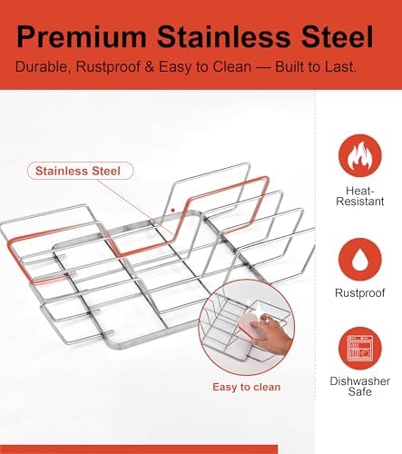 Rib Rack for Smoking – Foldable Extra Long Stainless Steel Rib Holder for 4 Ribs Upright – Fits 18" Smoker, Weber, Kamado, Traeger – BBQ Grill Accessories for Men & Meat Lovers - Image 6