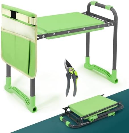 Foldable Garden Kneeler and Seat – 2-in-1 Gardening Stool with a Tool Storage Pouch, Lightweight and Portable for Elderly, Outdoor, Lawn Care (Green) by Byhagern