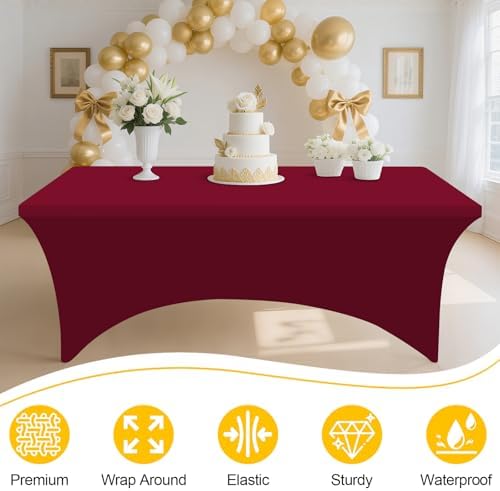 Smiry 2 Pack Spandex Table Cloth 8FT, Elastic Fitted Wine Red Tablecloth - Image 3