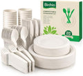 300 Piece (50 Sets) Biodegradable Paper Plates Set (EXTRA LONG UTENSILS), Disposable Dinnerware Set, Eco Friendly Compostable Plates & Utensil include Plates, Cups, Forks, Knives and Spoons by Birchio