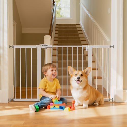 Mumeasy 29.7–51 Inch Extra Wide Baby Gate for Stairs, Extra Long Indoor Dog Gate for Doorways, Pressure Mounted Walk Thru Child Gate with Auto-Close, No-Drill Safety Pet Gate with Door for House,White by Mumeasy-FocusonBabyPetSafetyGate