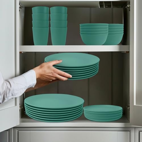 Wrova 40Pack plates and bowls sets for kids - Unbreakable wheat straw dinnerware sets service for 8 - Alternative plastic 40pcs dish sets for kitchen, camping and indoors dinning - (Green) - Image 7