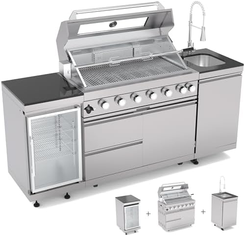 Outdoor Kitchen Island, 82 Inch 6 Burner Propane Gas Grill Combination With Refrigerator and Sink, Outdoor Stainless Steel Barbecue Bar, Propane Grill, 85000 BTU by Qeeka