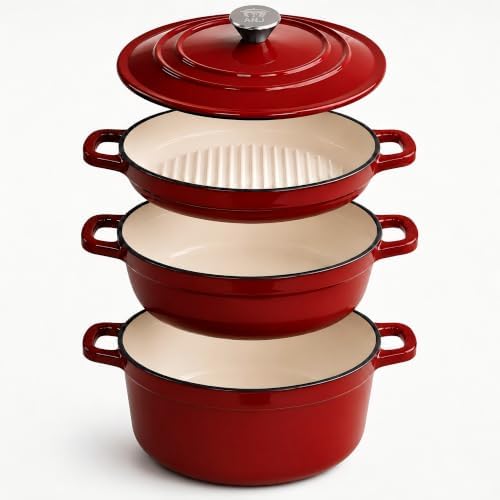 Enameled Cast Iron Dutch Oven Set - 4-Piece 1.3/2.6/4.8Qt Pot with Lids by AHJ