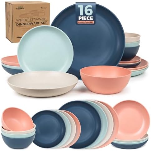 Grow Forward 16-piece Premium Wheat Straw Dinnerware Sets for 4 - Unbreakable Dishwasher & Microwave Safe Plastic Plates and Bowls Sets - Patio, Outdoors, RV, Camping Dishes - Tropical by GrowForward