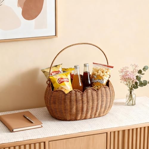 Scalloped Round Basket with Handle, Large Wicker Picnic Basket,Super Garden Harvest Basket for Gathering Vegetables Flowers Fruits, Hand Woven Basket for Shelves(Rattan(12.6 * 9 * 6.1)) - Image 5