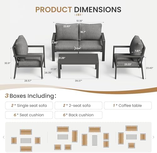 5 Pieces Aluminum Outdoor Patio Furniture Set 6-Seat Deck Furniture Patio Conversation Sets All-Weather Rust-Proof Sectional Sofa Set with Removable Cushion for Balcony, Yard, Poolside - Image 5