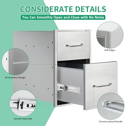 Outdoor Kitchen Drawers 14" W x 21" H x 21" D Stainless Steel Double Drawers with Ergonomic Handle for BBQ Island, Patio Grill Station & Outdoor Kitchen Cabinets - Image 4