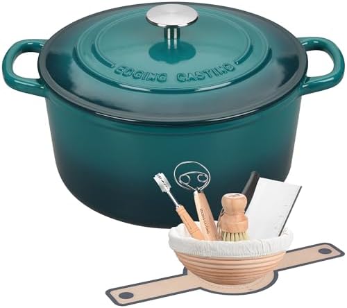 EDGING CASTING Enameled Cast Iron Dutch Oven with Sourdough Bread Baking Kit, Bread Dutch Oven with Lid, Includes Proofing Basket & Baking Tools, 5qt, Darkcyan by EDGINGCOOKWARE