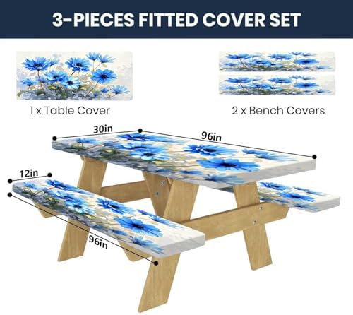 CAPSCEOLL Fitted Picnic Table Cover with Bench Covers 8ft - Blue Flowers - Image 2