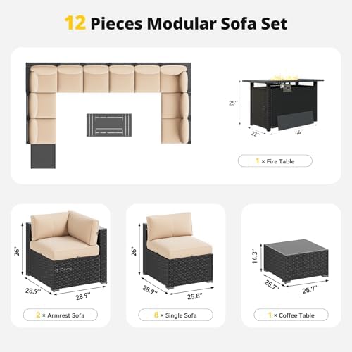 Aoxun Patio Furniture Set with Fire Pit Table, 12 Piece Outdoor Sectional Sofas, 10 Seats Wicker Rattan Outdoor Furniture with Thickened Cushion for Backyard, Garden Begin - Image 7