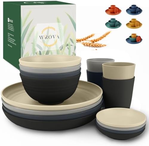 Wrova Wheat straw plates and bowls sets of 16 - Unbreakable wheat straw dinnerware sets for camping - Dishwasher safe and Freezer safe Dishes. Black & Grey by WROVA