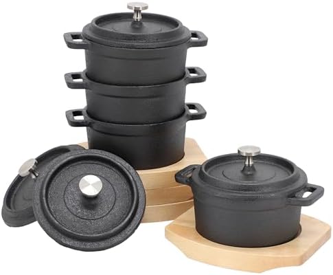 MegaChef Cast Iron 8 Ounce Mini Dutch Oven with Wood Tray, Cookware, Bakeware, Serveware (4 Piece) by Elama