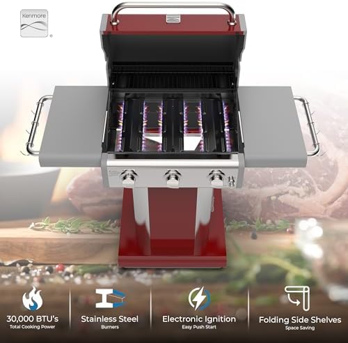 Kenmore 3-Burner Outdoor BBQ Grill | Liquid Propane Barbecue Gas Grill with Folding Sides, PG-A4030400LD-RD, Pedestal Grill with Wheels, 30000 BTU, Red - Image 4