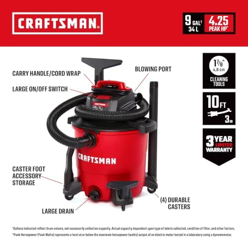 CRAFTSMAN CMXEVBE18590 9 Gallon 4.25 Peak HP Wet Dry Shop Vacuum - Image 2