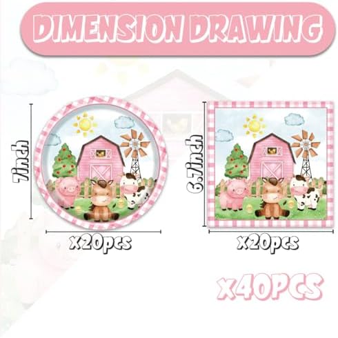 Egami 40pcs pink Farm Party Supplies,include 20 Dessert plate and 20 Napkin,Farm Animal Party Plate Napkin Set,Used for Animal Party Decoration - Image 2