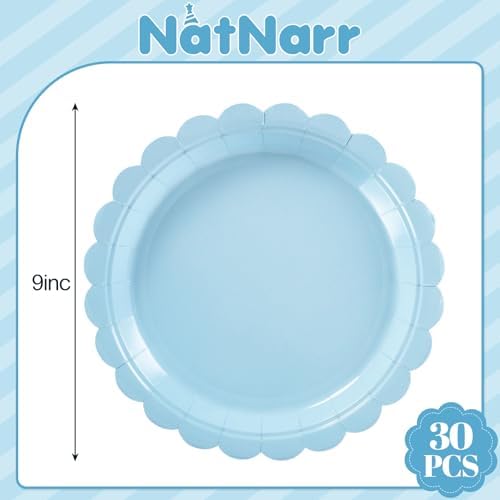 NatNarr 30 Pk Light Blue Plates 9" Disposable Scalloped Blue Paper Plates - Image 2