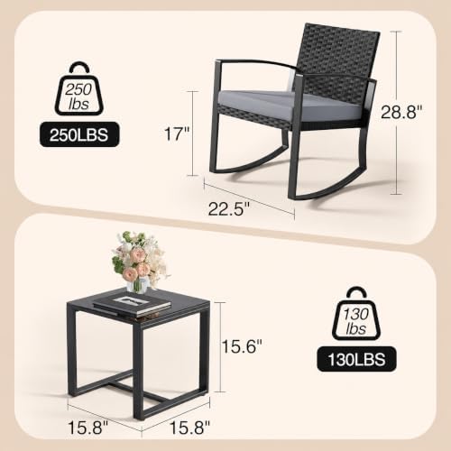 Qsun 3 Pieces Patio Furniture Set Rocking Bistro Set Outdoor Rattan Conversation with Coffee Table for Garden Balcony Backyard Poolside (Grey Cushion) - Image 2