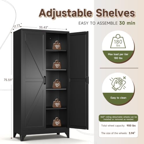 Letaya Metal Garage Storage Cabinets,76"Tall Large Tool Steel Lockers,Black - Image 3