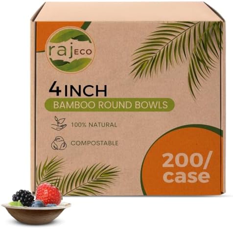Raj Disposable Bamboo Bowls (200 Count, 4" Bowls) Strong Bowl Bamboo Party Bowl - Decorative Compostable Tableware for Lunch, Dinner, Birthday, Camping, Outdoor, Picnic, Parties by Raj