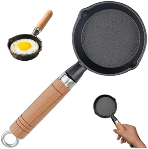 Mini Cast Iron Skillet, 4 Inch Round Non-Stick Mini Frying Pan with 2 Pouring Spout, Portable Small Egg Pan with Hanging Wooden Handle for Stove Gas Induction Hob by Unknown