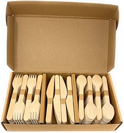 300 Pack Disposable Wooden Cutlery Assortment - 100 Knives, 100 Forks, 100 Spoons | Eco-Friendly Biodegradable Birch Wood Utensils for Parties & Picnics by Funiverse