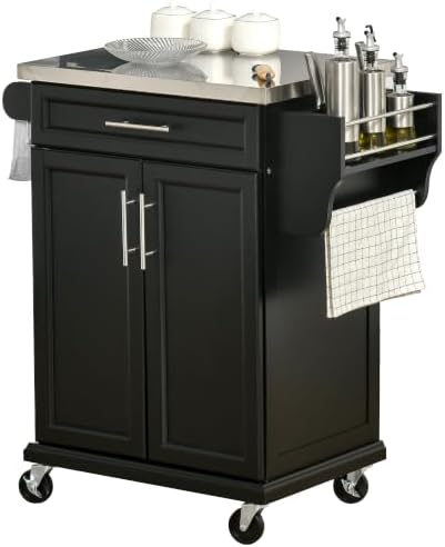 HOMCOM Kitchen Island on Wheels with Stainless Steel Countertop Black by HOMCOM
