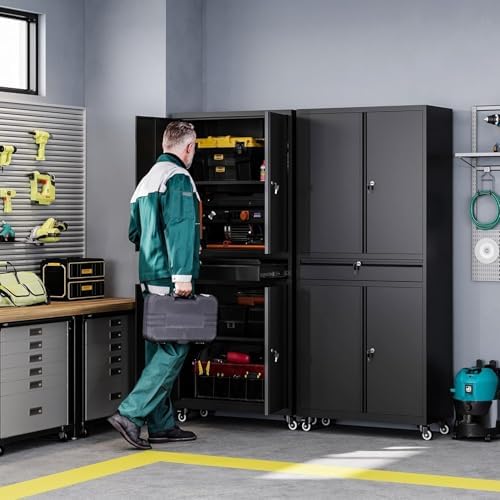 Letaya Metal Garage Storage Cabinet with Wheels,Rolling Tool Cabinet with 4 Door Lock-Adjustable Shelves and 1 Drawer for Garage Home Office Utility Room (Black with Wheels) - Image 2
