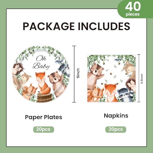 40Pcs Woodland Baby Shower Plates and Napkins Party Supplies, 9 Inch Nature Sage Paper Plates and Napkins Disposable Tableware Set for Boys Girls Safari Jungle Animal Party Decorations - Image 2