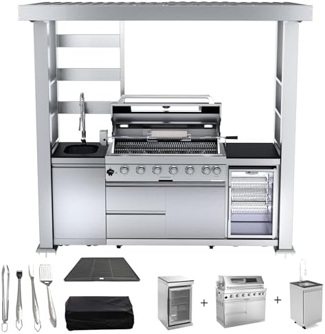 94 Inch Outdoor Kitchen Island, 85000 BTU 6 Burner Propane Gas Grill Combination With Rain Shelter Refrigerator and Sink, Outdoor Stainless Steel Barbecue Bar Grill for Patios, Gardens, Parties by Qeeka