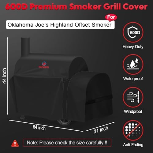 Grill Cover for Oklahoma Joe's Highland Offset Smoker - 600D Premium Smoker Cover Waterproof & Heavy Duty for Oklahoma Joe's Charcoal Offset Smoker, 64" L x 31" W x 44" H - Image 2