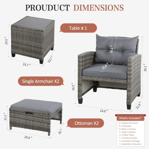 Vongrasig 5 Piece Patio Furniture Set, Small Balcony Furniture, PE Wicker Rattan Patio Chairs Set of 2, Outdoor Lounge Chairs with Cushions Ottomans &Glass Table for Porch Garden(Light Grey) - Image 3