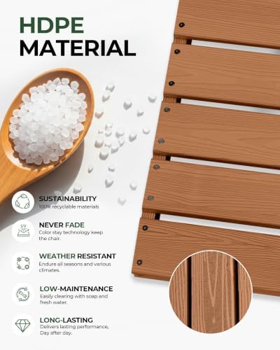 Set of 2 Weatherproof Patio Chairs - HDPE Outdoor Dining Chairs with Wide Seat, Ergonomic Design - for Garden, Backyard, Deck - Teak - Image 5