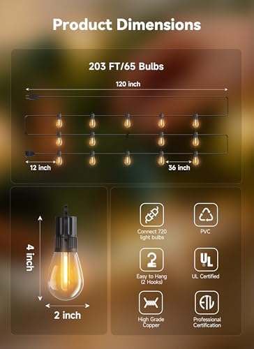 Minetom 203FT Outdoor String LED Patio Lights Waterproof,Shatterproof S14 Vintage Edison Bulbs,Commercial Grade Outside Hanging Lights Waterproof for Porch Deck Garden Backyard Balcony Cafe Bistro - Image 3