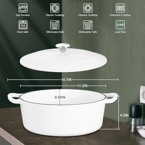 Leonyo 5-Quart Enameled Cast Iron Oval Dutch Oven Pot with Lid, White - Image 2