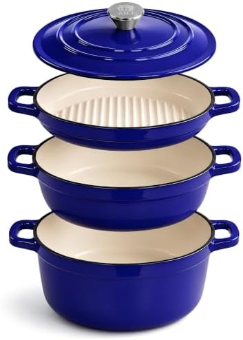 AHJ Cast Iron Dutch Oven Set - 4 Piece Nesting Enameled Cookware with Lid by AHJ