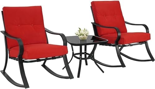 Oakcloud Oakmont Outdoor Furniture 3 Piece Conversation Bistro Set Rocking Chairs and Glass Top Table, Thick Cushions, Black Steel (Red) by OckcloudPatioFurniture